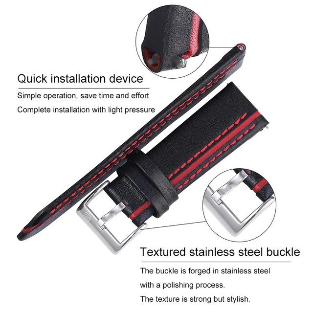 Leather Watchbands Black Red 24mm Genuine Luxury High Quality Bracelet Belt