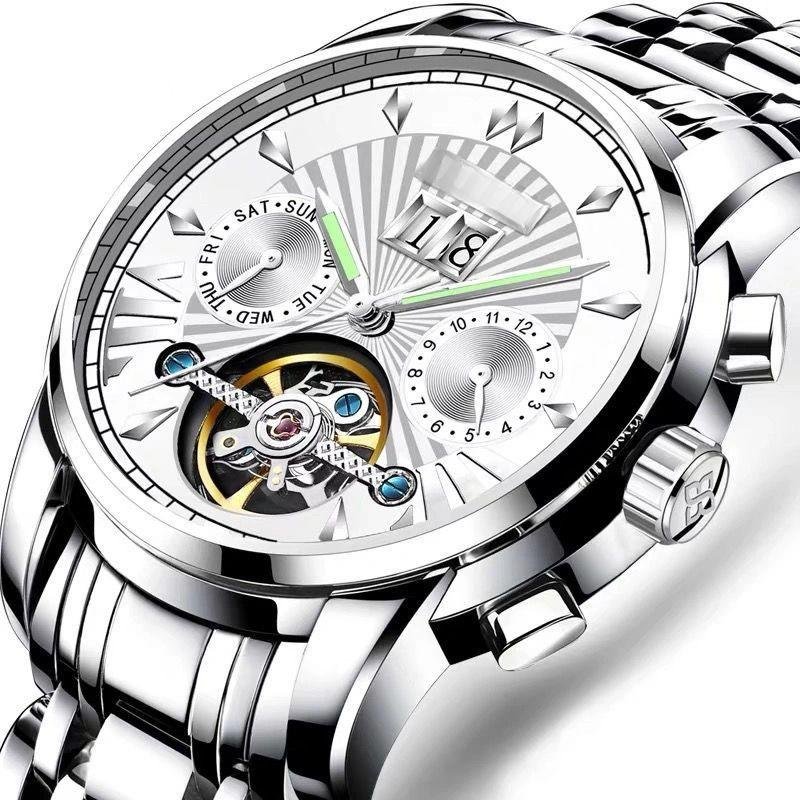 Men Watch Silver White Waterproof Automatic Mechanical Luminous Stainless Stain