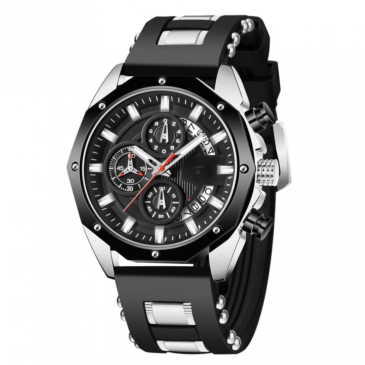 Men Silver black Watch Brand Luxury Waterproof Silicone Strap Quartz Chronograph