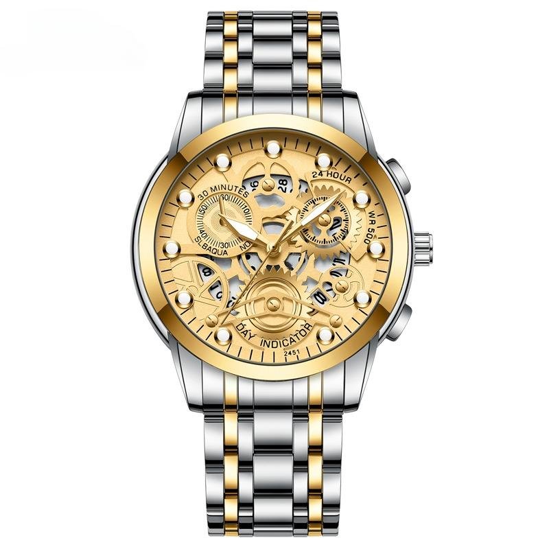 Mens Watch Skeleton Mechanical Style 2451SAN Quartz Movement Calendar Waterproof