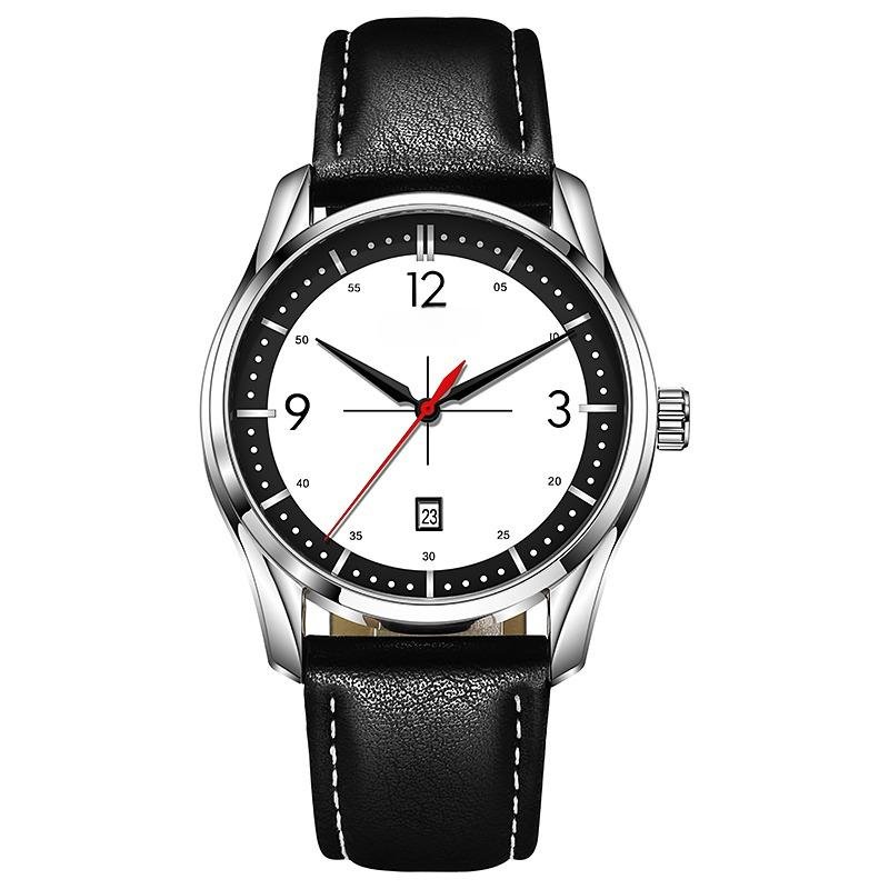 Watch Strap Black Leather Dial Date Calender Window Quartz Movement