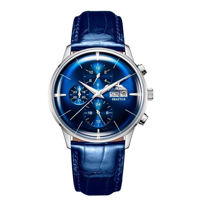 Luxury Men Watch Multi Function YLL blue Leather Strap Automatic Date Day