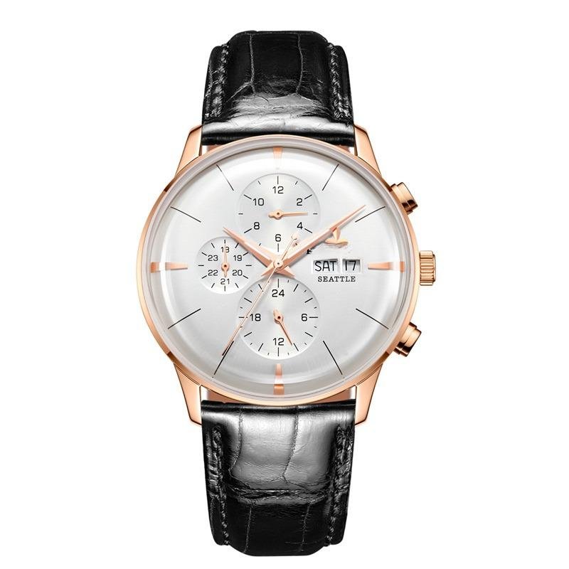 Luxury Men Watch Multi Function PWB black Leather Strap Automatic Date Day