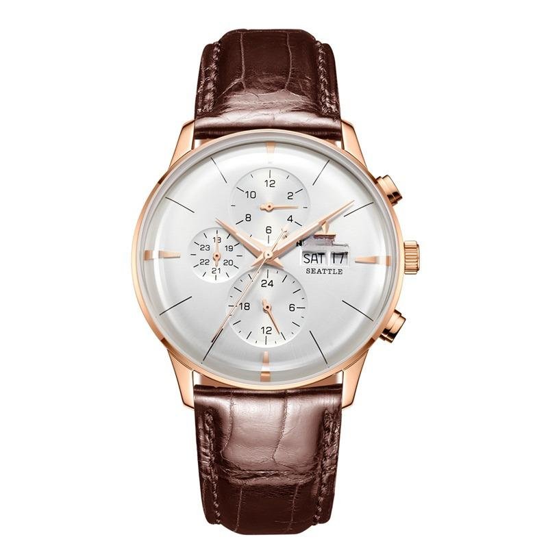 Luxury Men Watch Multi Function PWS brown Leather Strap Automatic Date Day