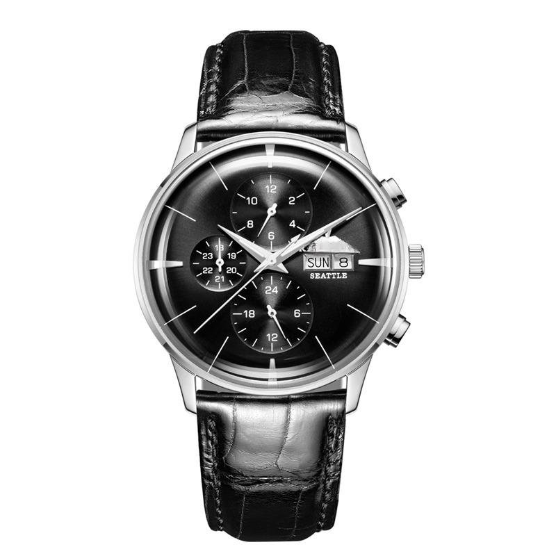 Luxury Men Watch Multi Function YBB black Leather Strap Automatic Date Day