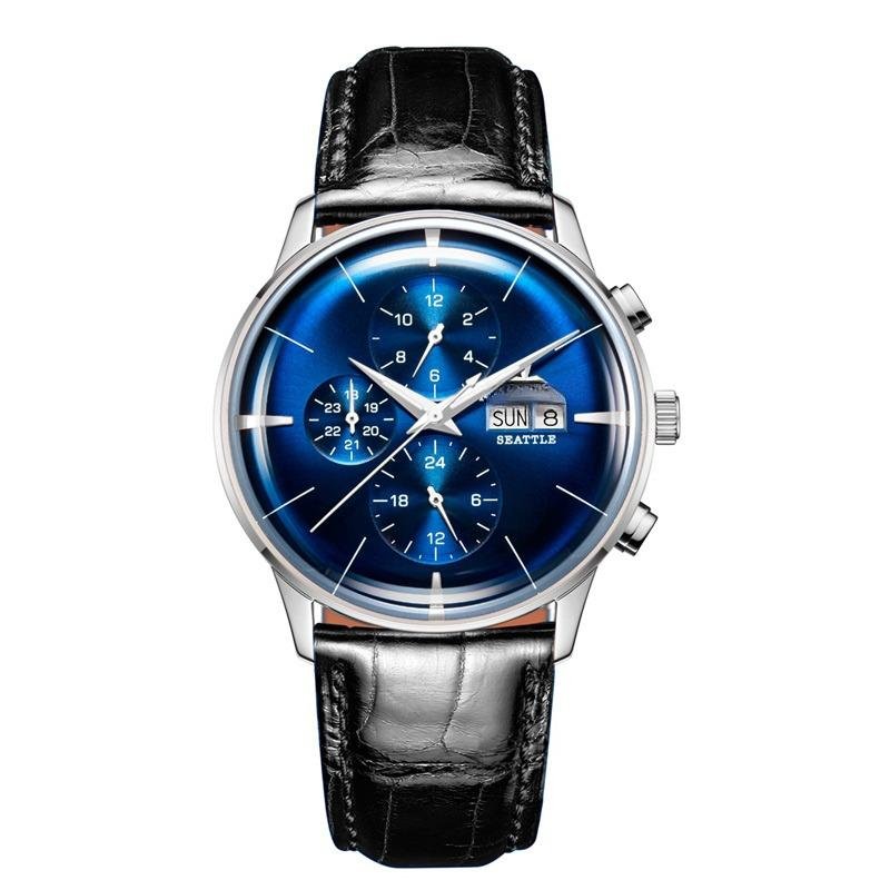 Luxury Men Watch Multi Function YLB black Leather Strap Automatic Date Day