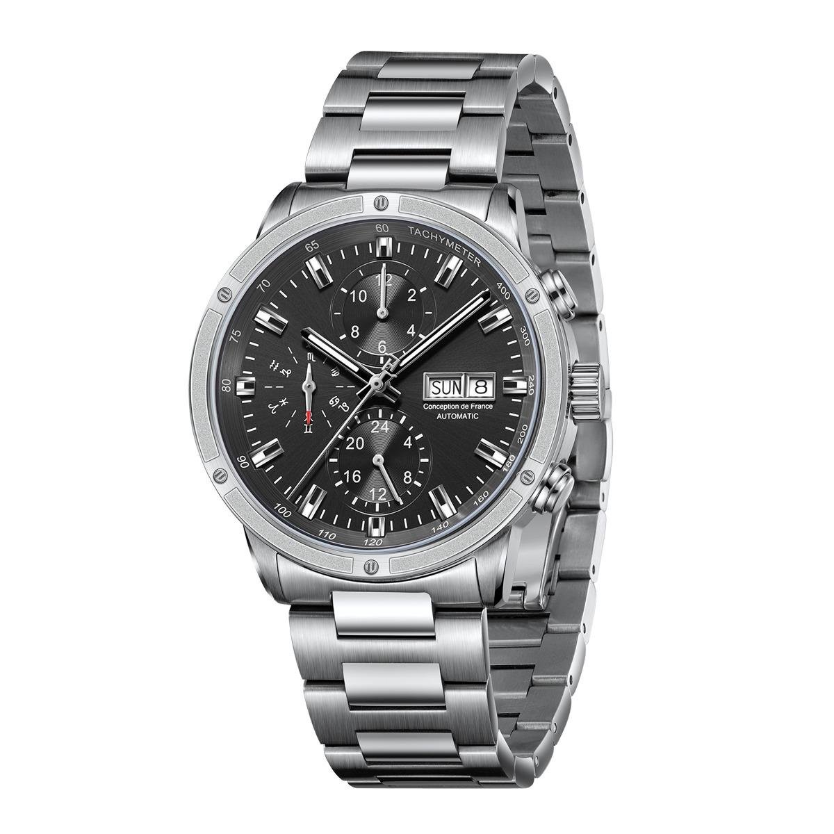 Men Automatic Mechanical Watch YBY Stainless Steel Strap Sapphire Calendar Display