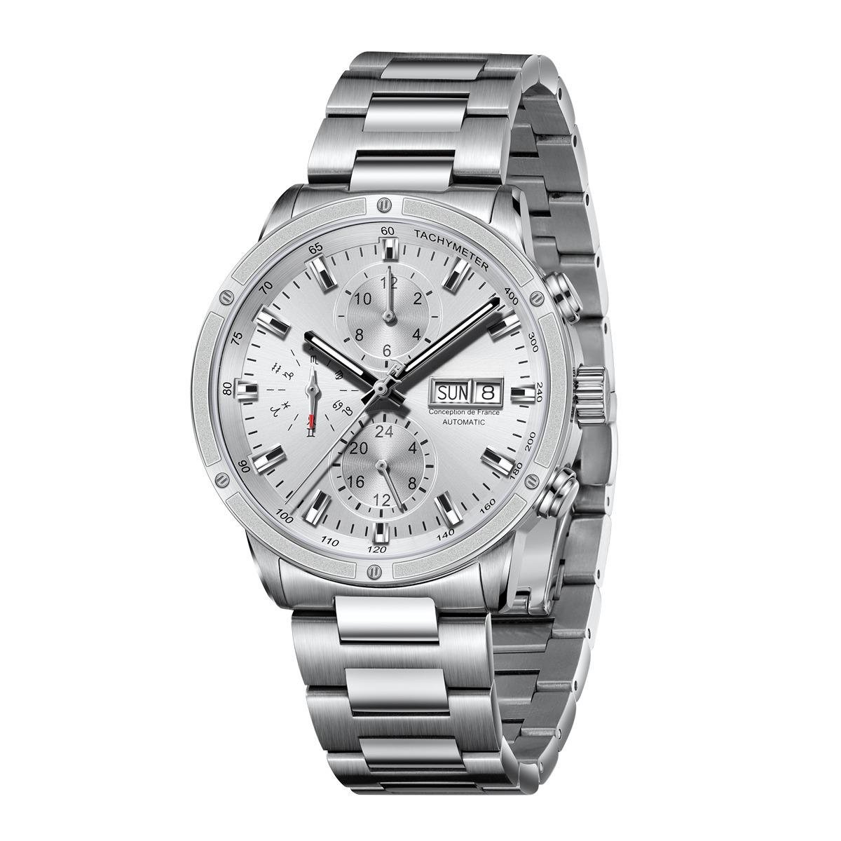 Men Automatic Mechanical Watch YWY Stainless Steel Strap Sapphire Calendar Display