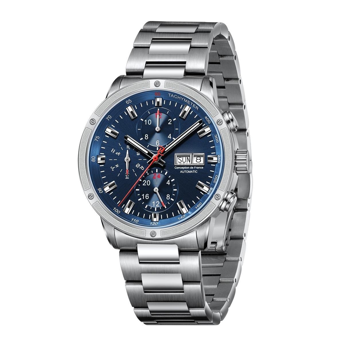Men Automatic Mechanical Watch YLY Stainless Steel Strap Sapphire Calendar Display