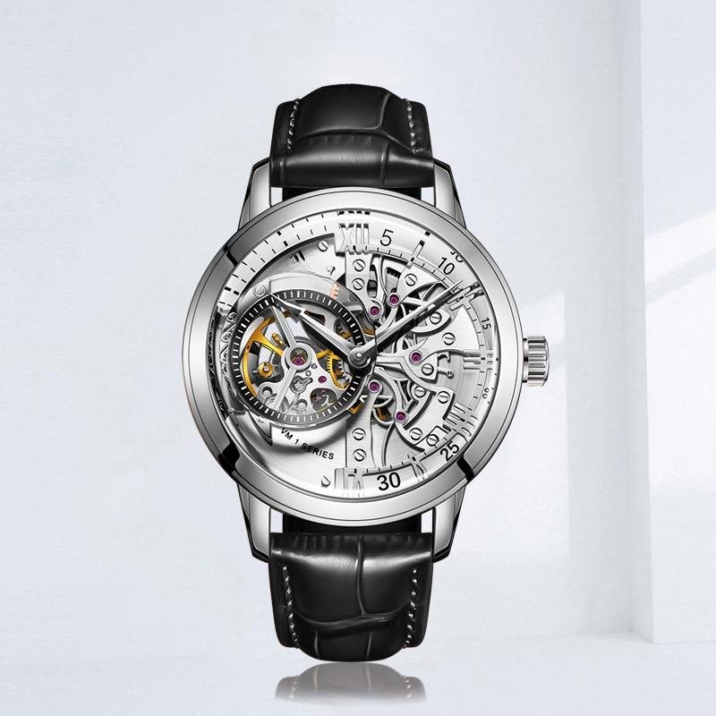 Men Automatic Waterproof YWB Watch Calfskin Strap Mineral Crystal Glass Dial 45mm