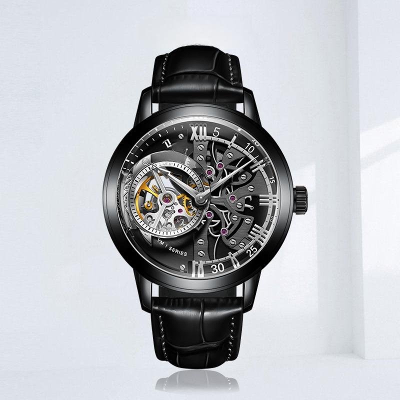 Men Automatic Waterproof BBBY Watch Calfskin Strap Mineral Crystal Glass Dial 45mm
