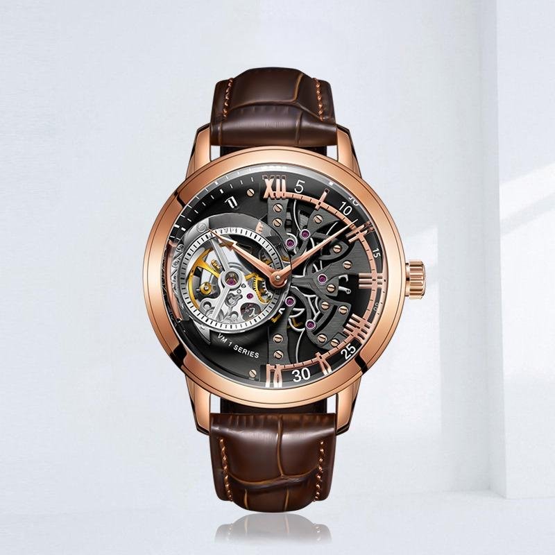 Men Automatic Waterproof PBS Watch Calfskin Strap Mineral Crystal Glass Dial 45mm