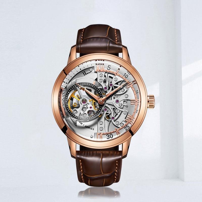 Men Automatic Waterproof PWS Watch Calfskin Strap Mineral Crystal Glass Dial 45mm