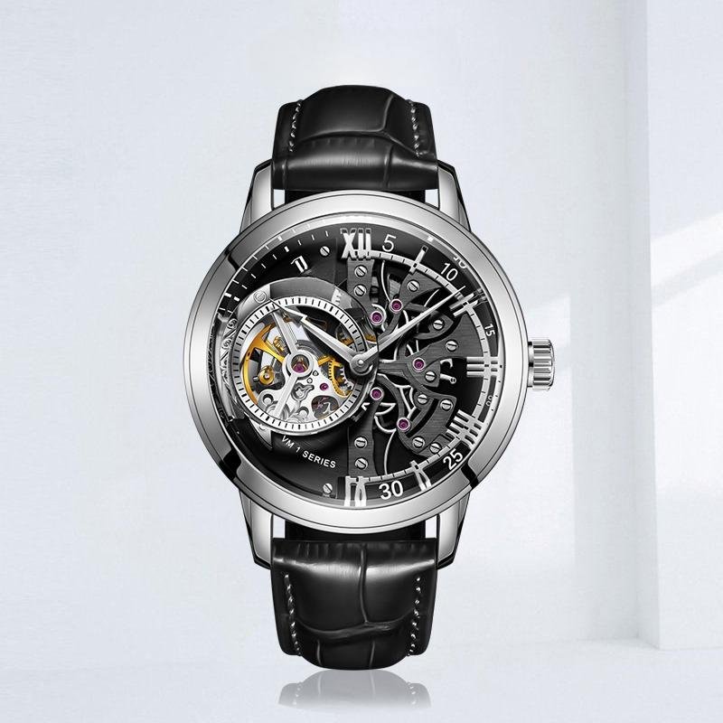 Men Automatic Waterproof YBB Watch Calfskin Strap Mineral Crystal Glass Dial 45mm