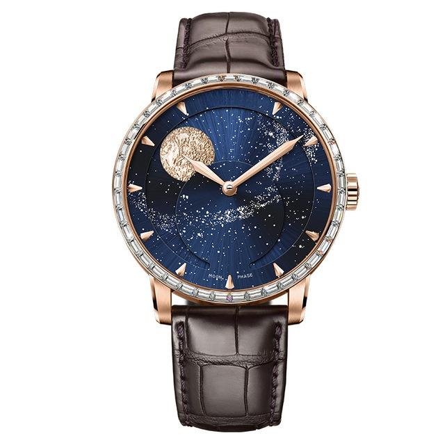 Men Automatic Watch Moop Phase Leather Strap Stainless Steel Genuine Sapphire 6404F2