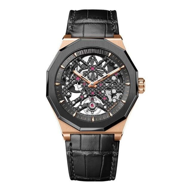 Black Men Watches Automatic Genuine Leather Strap Power Reserve Waterproof 6001H1