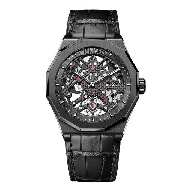 Black Men Watches Automatic Genuine Leather Strap Power Reserve Waterproof 6001J1