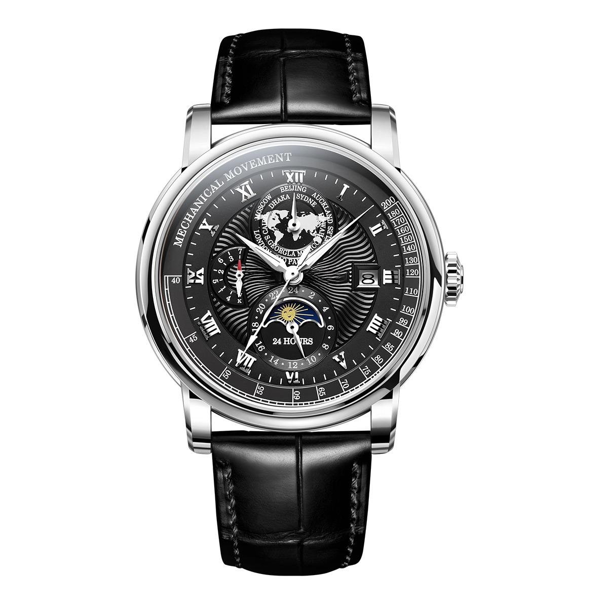 New Design Moonphase Calendar Automatic Leather Watches Black Dial RGA1963 YBB