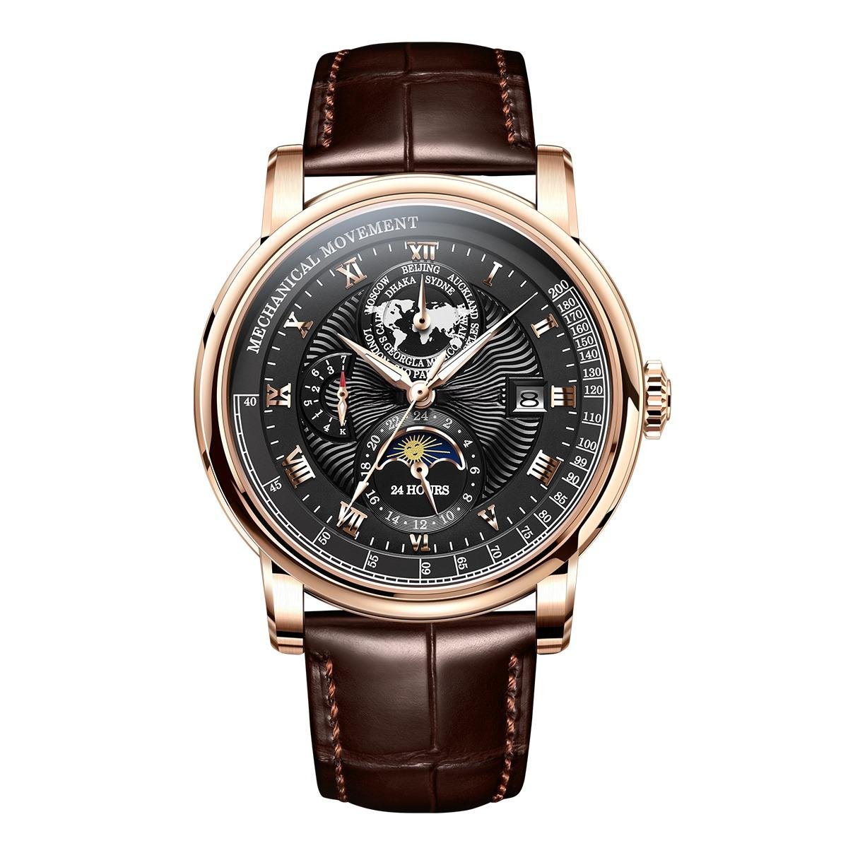 New Design Moonphase Calendar Automatic Leather Watches Black Dial RGA1963 PBS