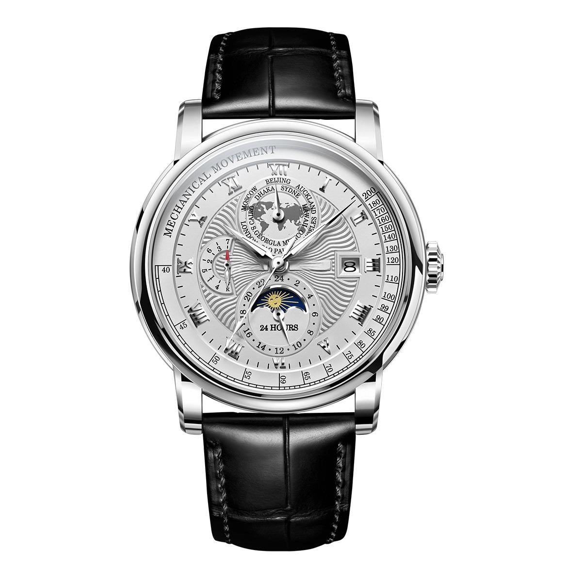 New Design Moonphase Calendar Automatic Leather Watches white Dial RGA1963 YWB