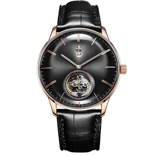 Luxury Brand Automatic Mechanical Black Tourbillon Men Watch Leather Strap PBB