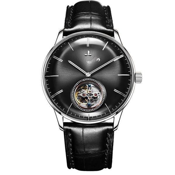 Luxury Brand Automatic Mechanical Black Tourbillon Men Watch Leather Strap YBB