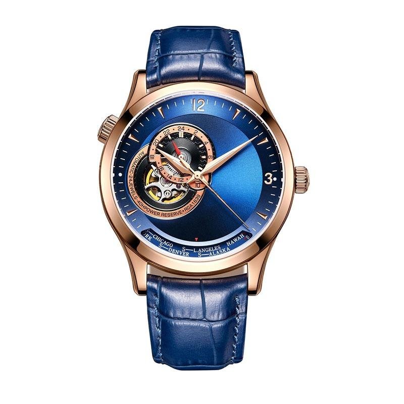 Top Brand Casual Automatic Leather Strap Watch for Men Mechanical Blue Dial PLL