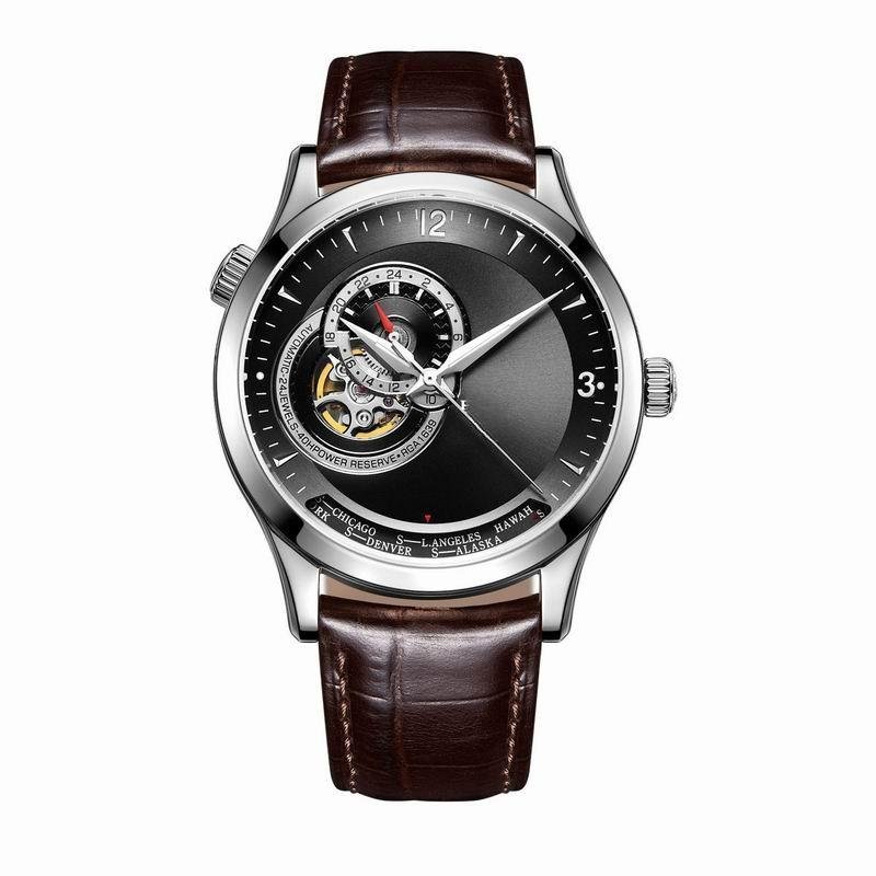 Top Brand Casual Automatic Leather Strap Watch for Men Mechanical Black Dial YBS