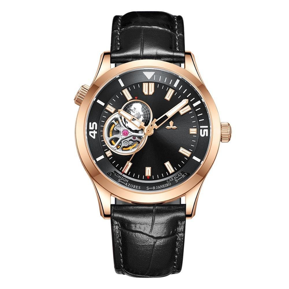 Automatic Luxury Black Watch PBB Leather Strap Tourbillon