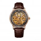 Automatic Mens Watch Steel Case Gold Skeleton Dial brown Leather Strap PBS