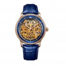 Automatic Mens Watch Steel Case Gold Skeleton Dial Blue Leather Strap PLL