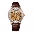 Automatic Mens Watch Steel Case Gold Skeleton Dial brown Leather Strap PWS