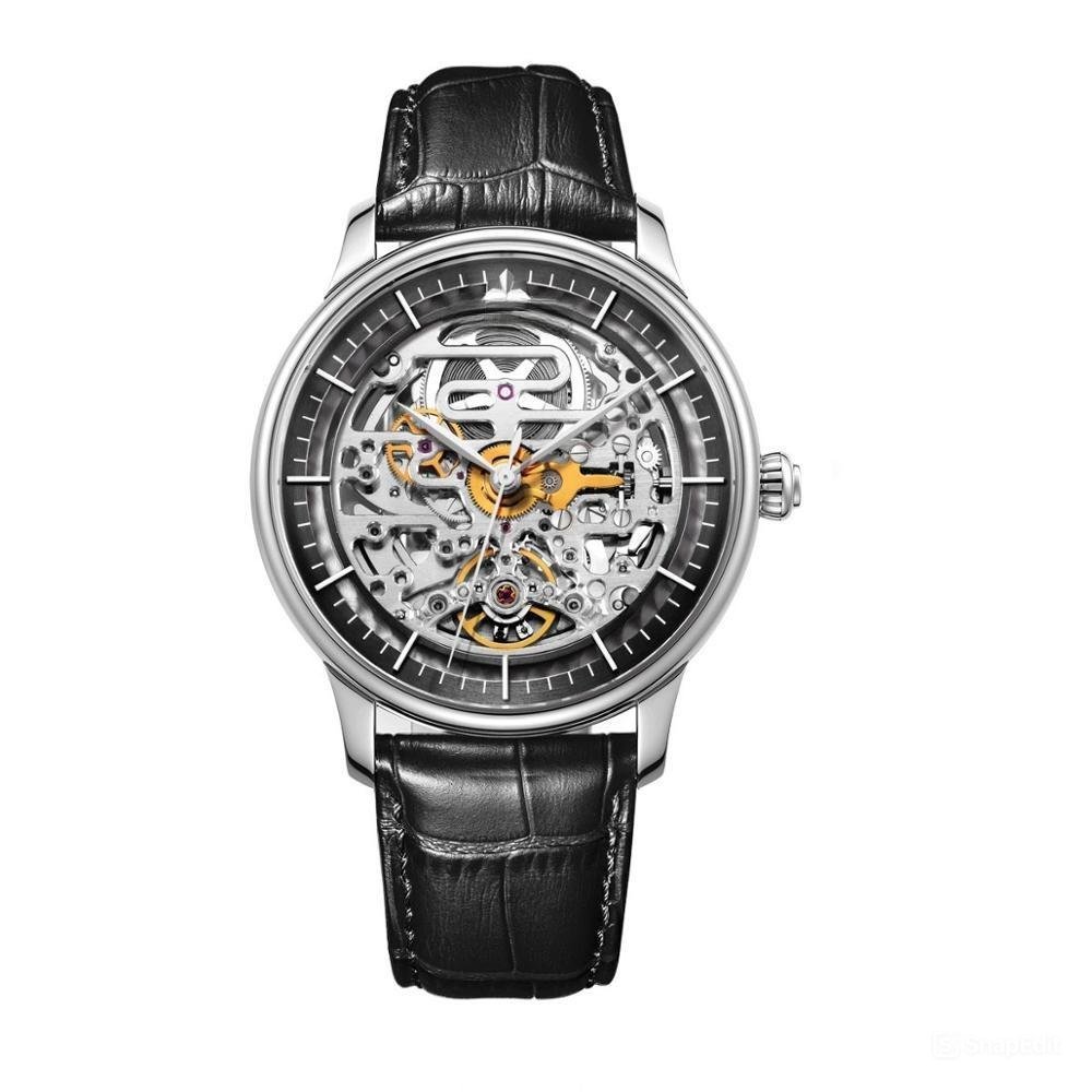 Automatic Mens Watch Steel Case silver Skeleton Dial Black Leather Strap YBB