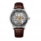 Automatic Mens Watch Steel Case silver Skeleton Dial brown Leather Strap YBS