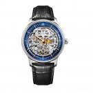 Automatic Mens Watch Steel Case silver Skeleton Dial Black Leather Strap YLB