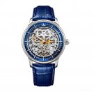 Automatic Mens Watch Steel Case silver Skeleton Dial Blue Leather Strap YLL