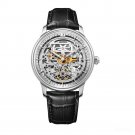 Automatic Mens Watch Steel Case silver Skeleton Dial Black Leather Strap YWB