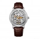Automatic Mens Watch Steel Case silver Skeleton Dial brown Leather Strap YWS