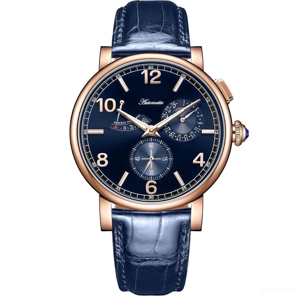 Men Watch Multi Function Power Reserve Waterproof Case Leather Strap Automatic PLL
