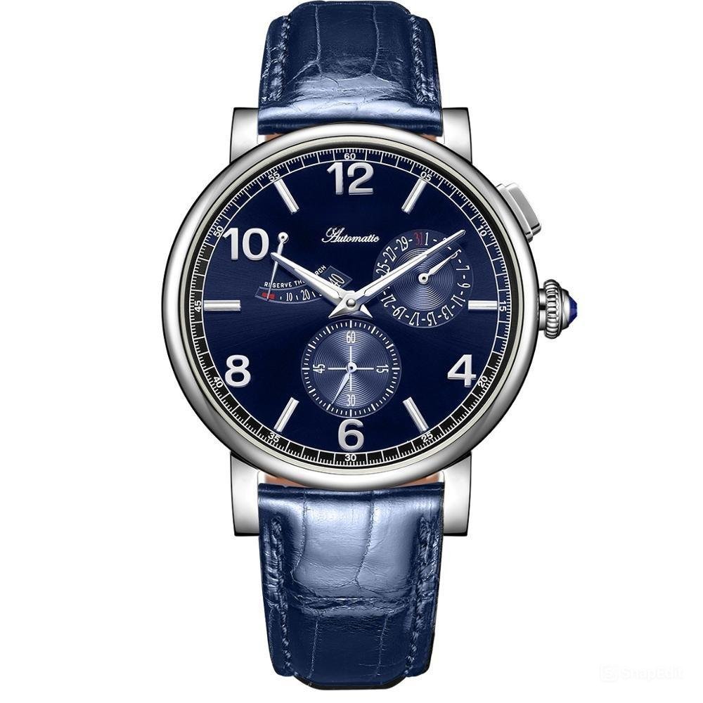 Men Watch Multi Function Power Reserve Waterproof Case Leather Strap Automatic YII