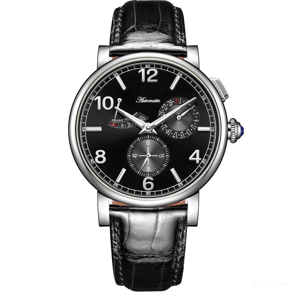 Men Watch Multi Function Power Reserve Waterproof Case Leather Strap Automatic YBB