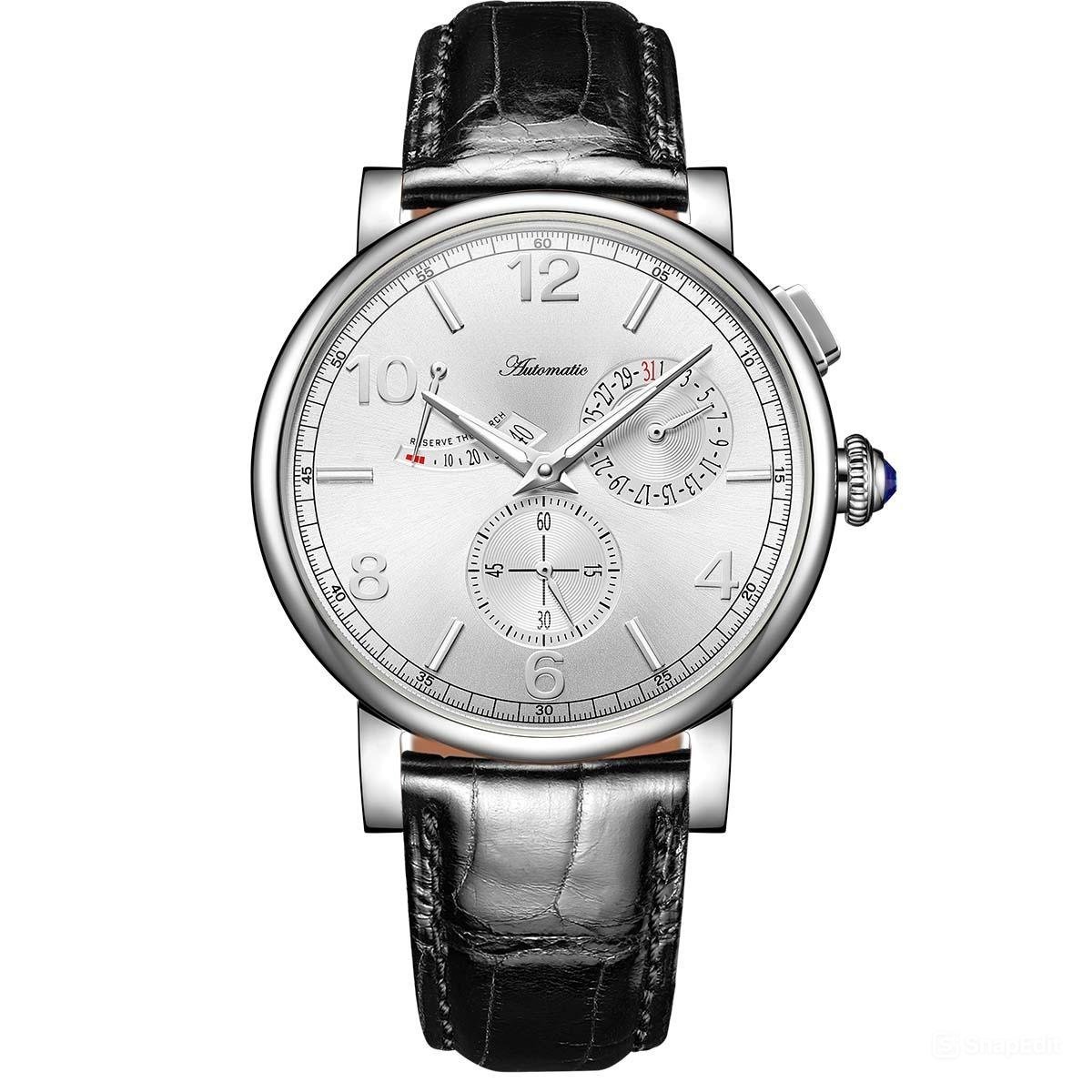 Men Watch Multi Function Power Reserve Waterproof Case Leather Strap Automatic YWB