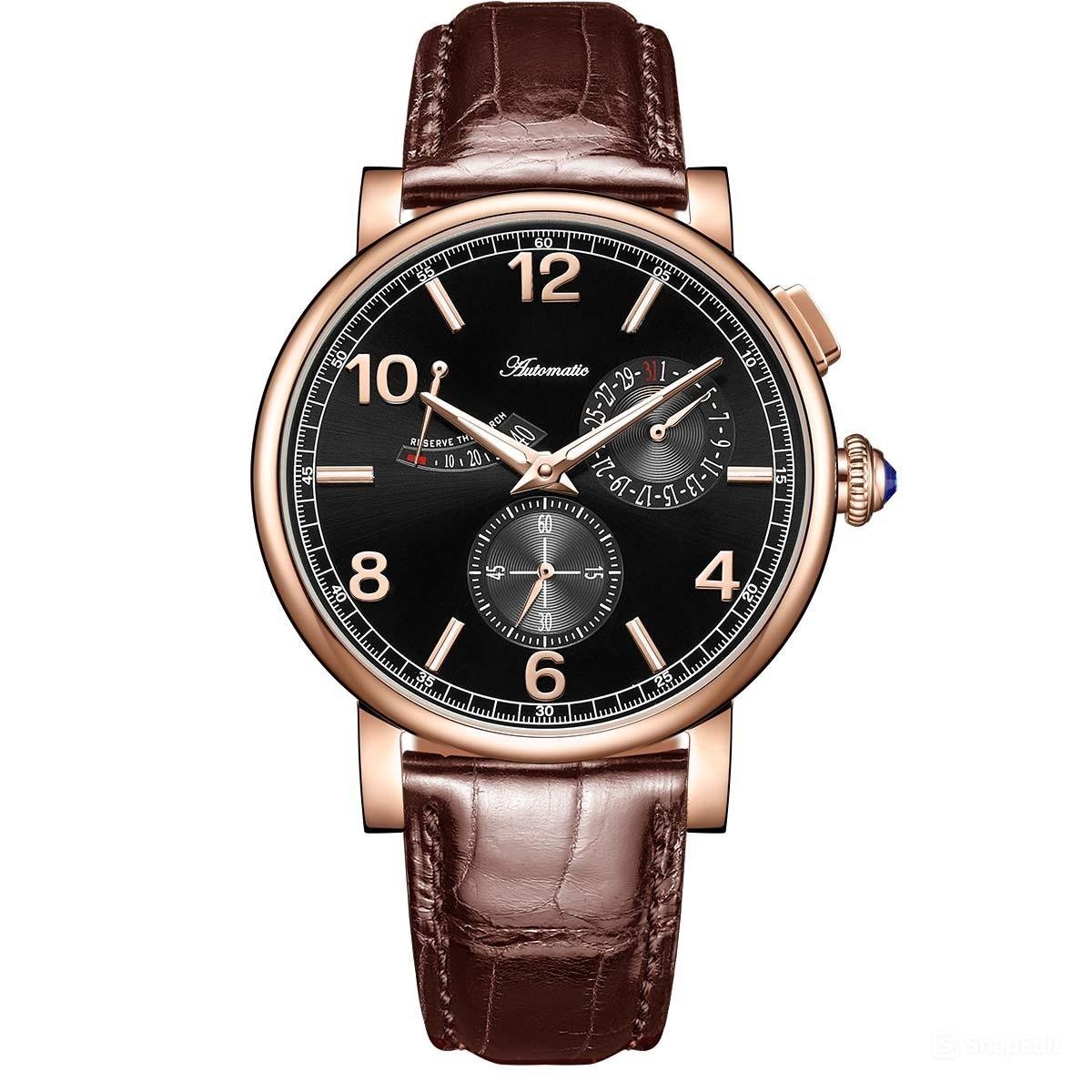Men Watch Multi Function Power Reserve Waterproof Case Leather Strap Automatic PBW