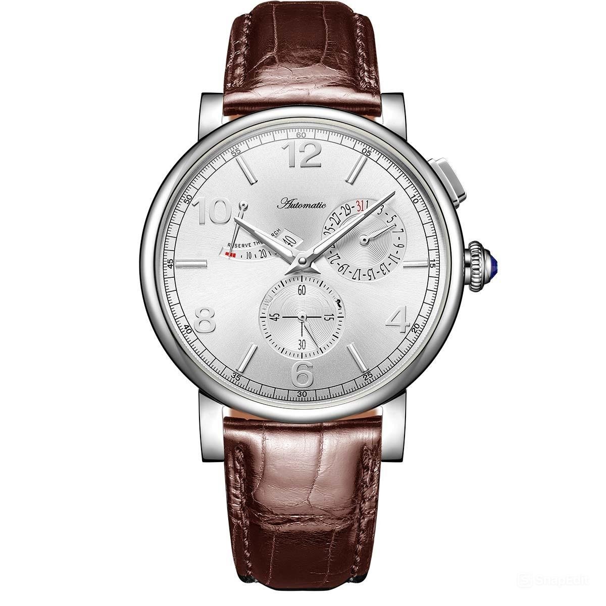 Men Watch Multi Function Power Reserve Waterproof Case Leather Strap Automatic YWW