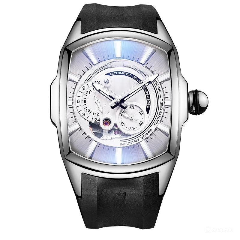 New Arrival Sports Watch silver Case white Dial Rubber Strap Automatic YWB
