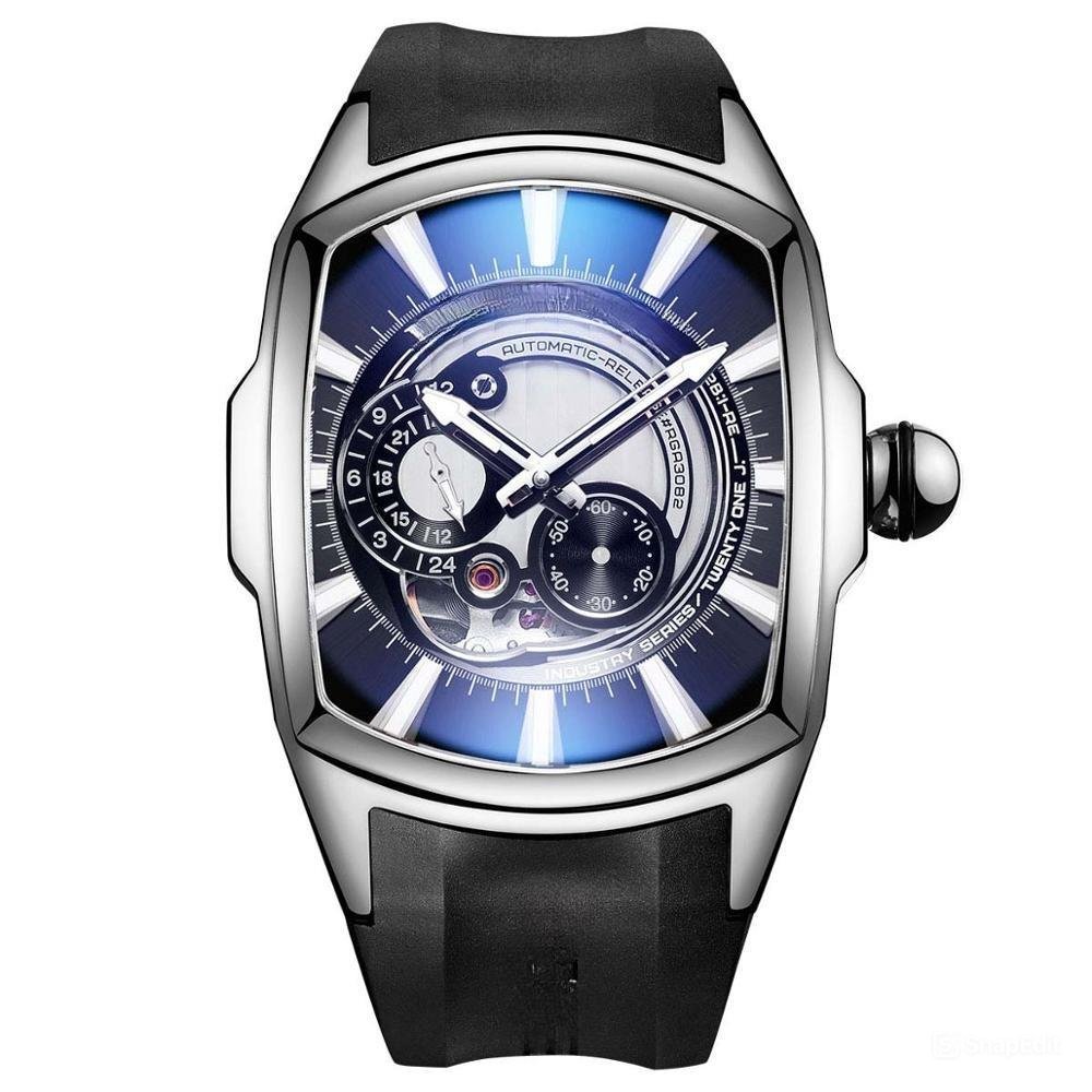 New Arrival Sports Watch silver Case Blue Dial Rubber Strap Automatic YBWB