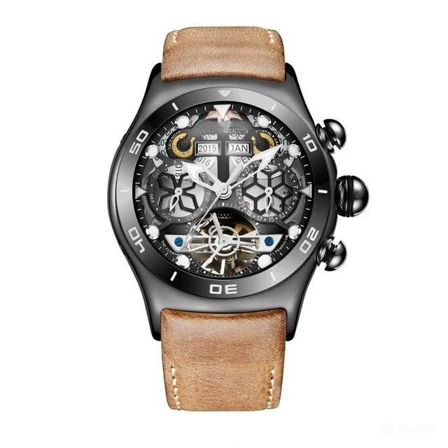 BBS Skeleton Automatic Watches Men Tourbillon Leather Strap Waterproof Sport
