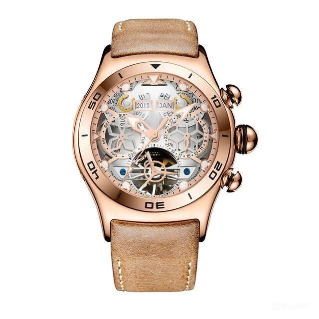 PWS Skeleton Automatic Watches Men Tourbillon Leather Strap Waterproof Sport