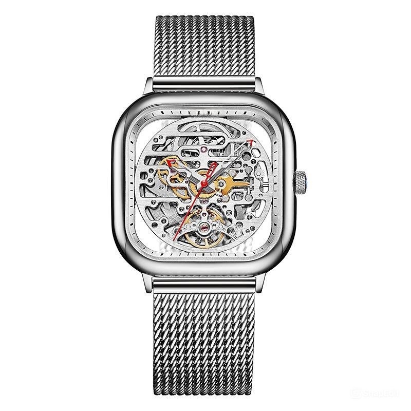 Top Brand Skeleton Square Waterproof Watch All silver Mechanical Rubber Strap YBY