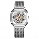 Top Brand Skeleton Square Waterproof Watch All silver Mechanical Rubber Strap YBY
